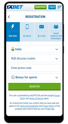 registration in 1xbet on android